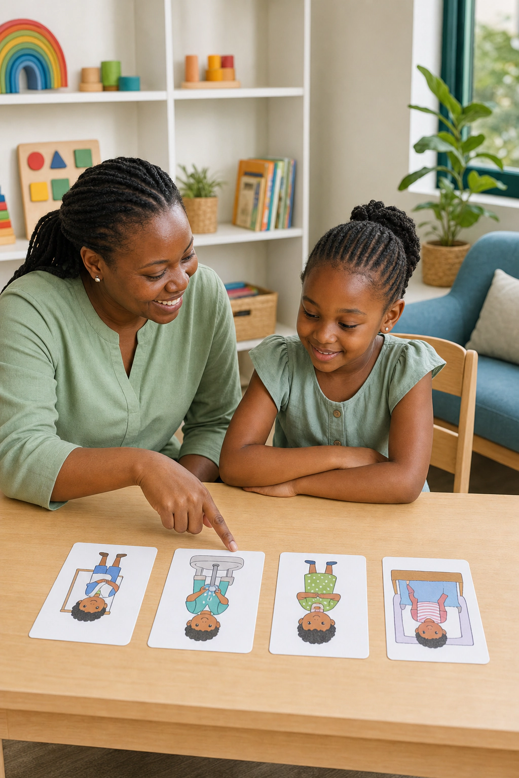 A Kenyan child therapist and young girl working together with picture cards in a child-friendly clinic