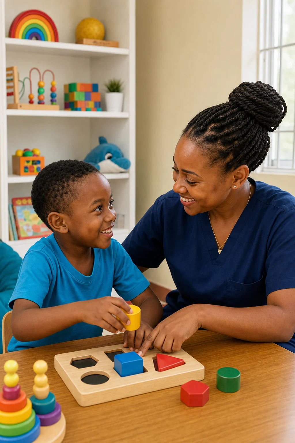A Kenyan child therapist and boy smiling together during a colourful learning activity