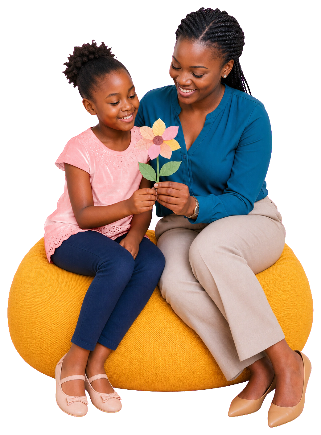 A Kenyan child therapist and a young girl smiling together over a handmade flower