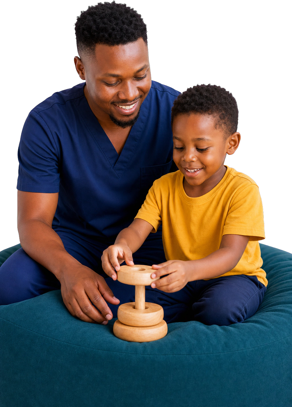 A Kenyan therapist and young boy smiling as they play with a wooden stacking toy