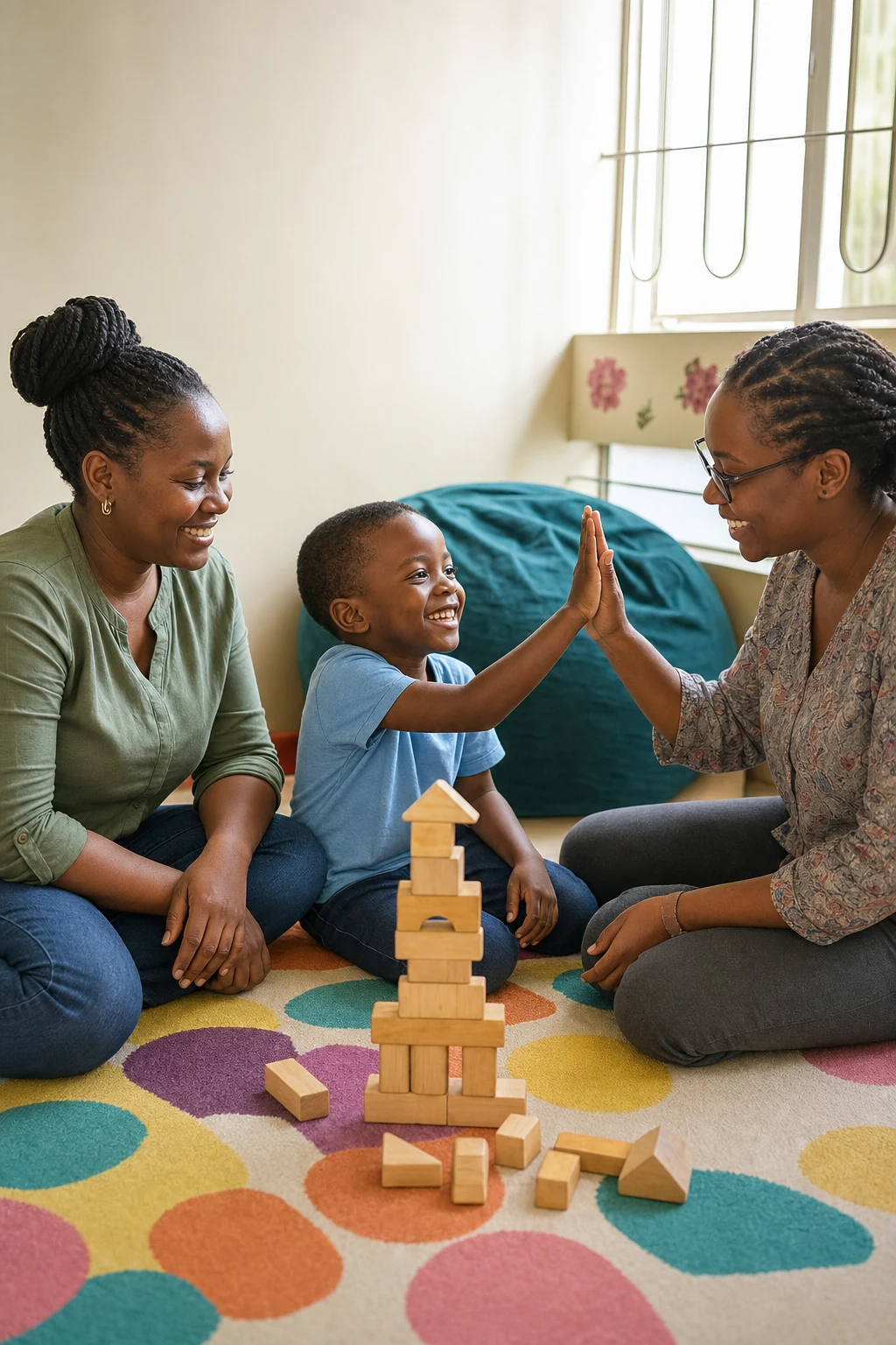 A Kenyan child celebrating a block-building success with his caregiver and therapist