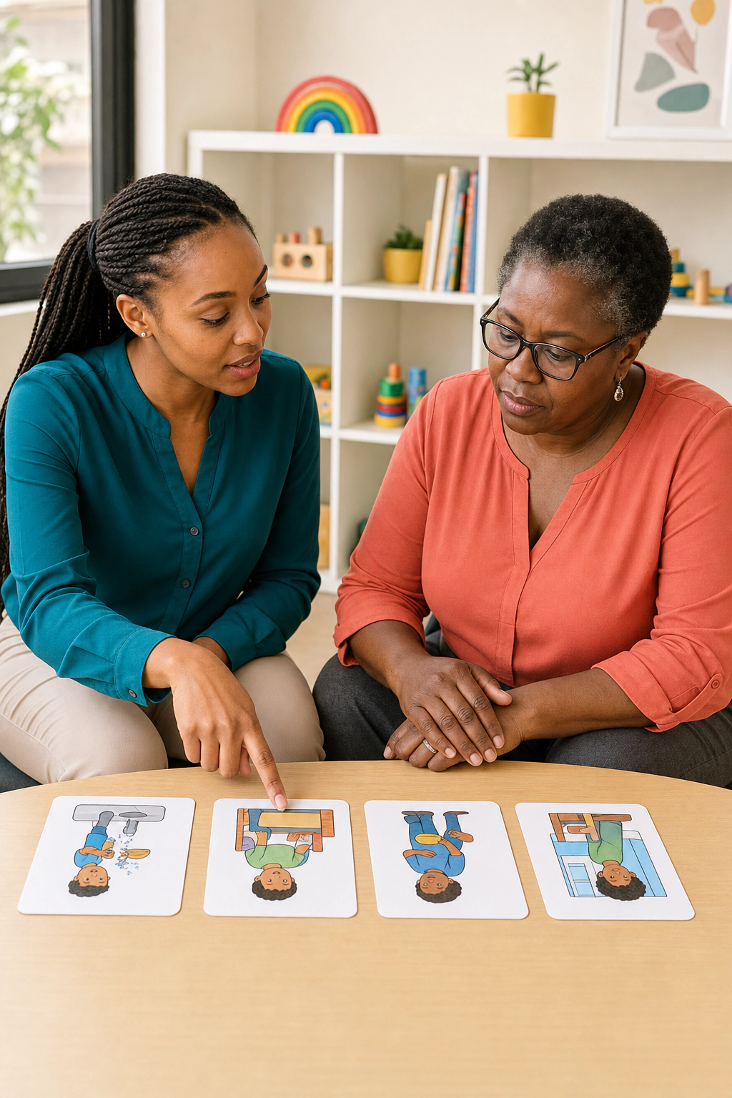A Kenyan therapist and parent reviewing practical visual support tools together